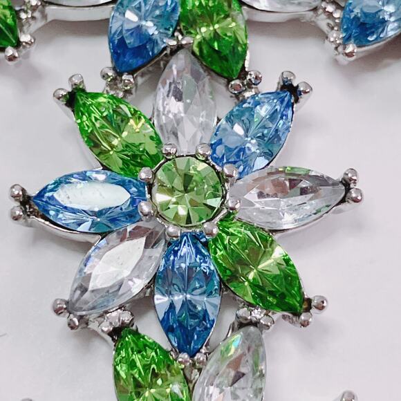 Vintage Large Silver Tone Floral Rhinestone Cross Pendant Necklace Blue Green - Picture 7 of 11